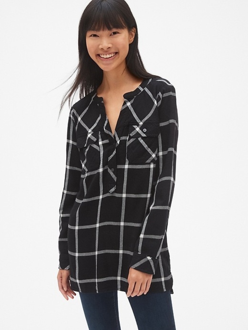 GAP Black & White Plaid Long Sleeve Tunic | XS | Soft Lightweight Cotton